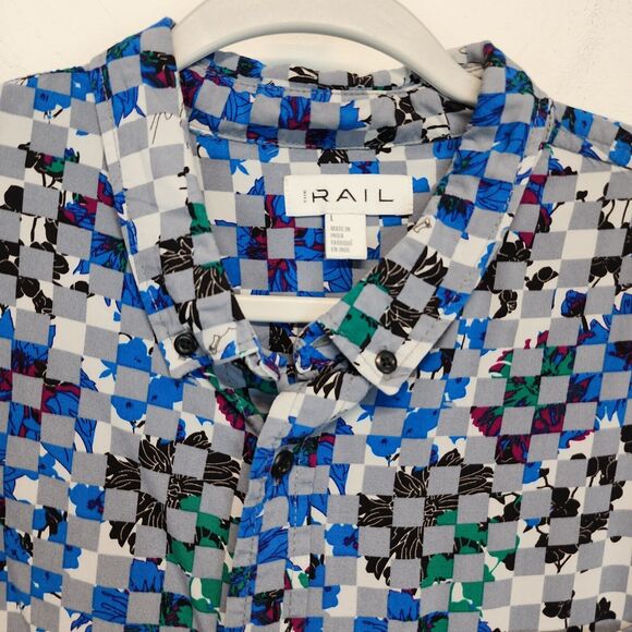 The Rail Geo Print Shirt Mens L Blue Gray Short Sleeve Button Down 80s Retro - Picture 1 of 8